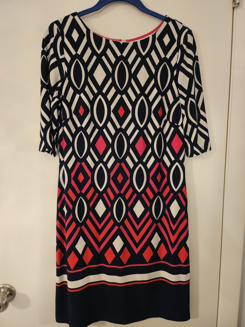 Eliza J Navy, White & Pink Geometric Shift Midi Dress